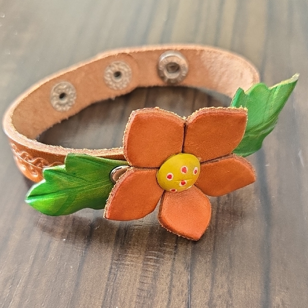 Hand Painted Leather Bracelet with Orange Flower And Green Leaves, Snap Closure